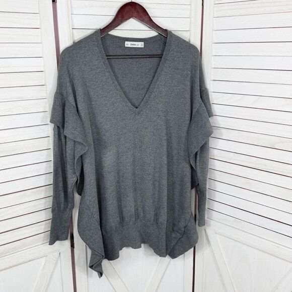 Zara Ruffle Trim Sides V Neck Sweater Grey Medium Dolman Sleeve - Picture 10 of 15